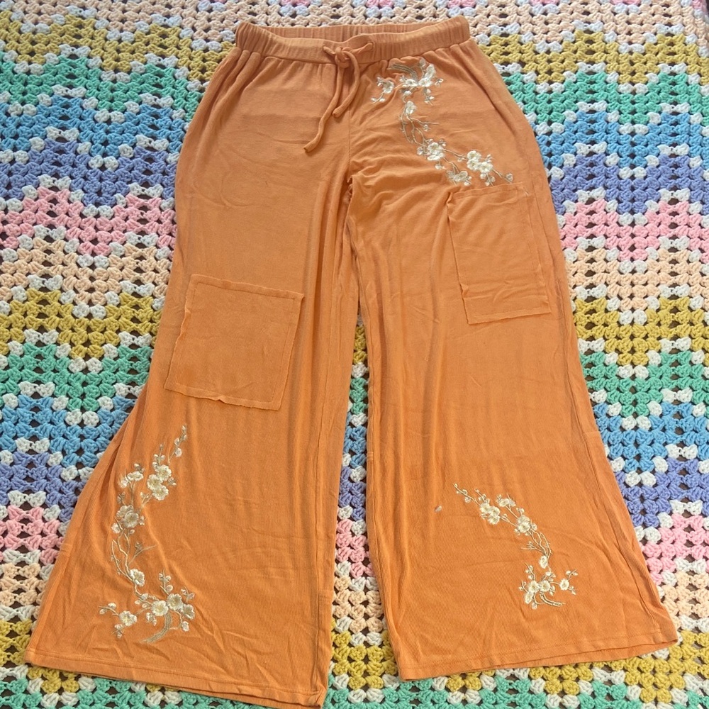 POL Floral Embroidered Cherry Blossom Wide-Leg Pants in Orange